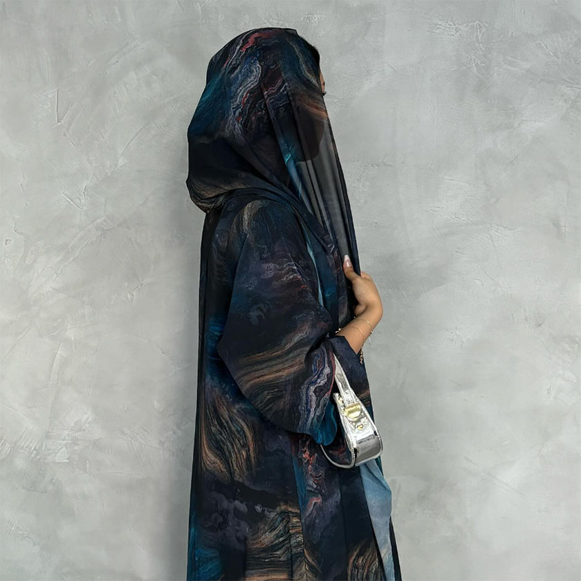 2024 Designs Dubai Elegant Color Water Printed Modest Muslim Dress Abaya Matching Hijab Set Open Abaya Including Abaya & Hijab
