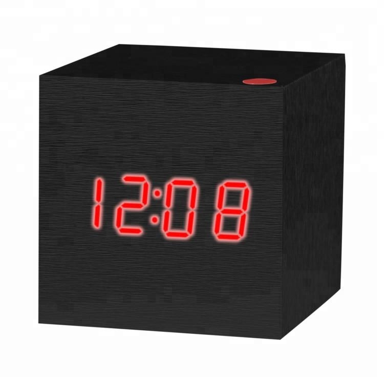 ET504 Cube LED Digital Alarm Clock Square Modern Wood Clock Thermometer Temp Date Display Calendars Desk Table Clock