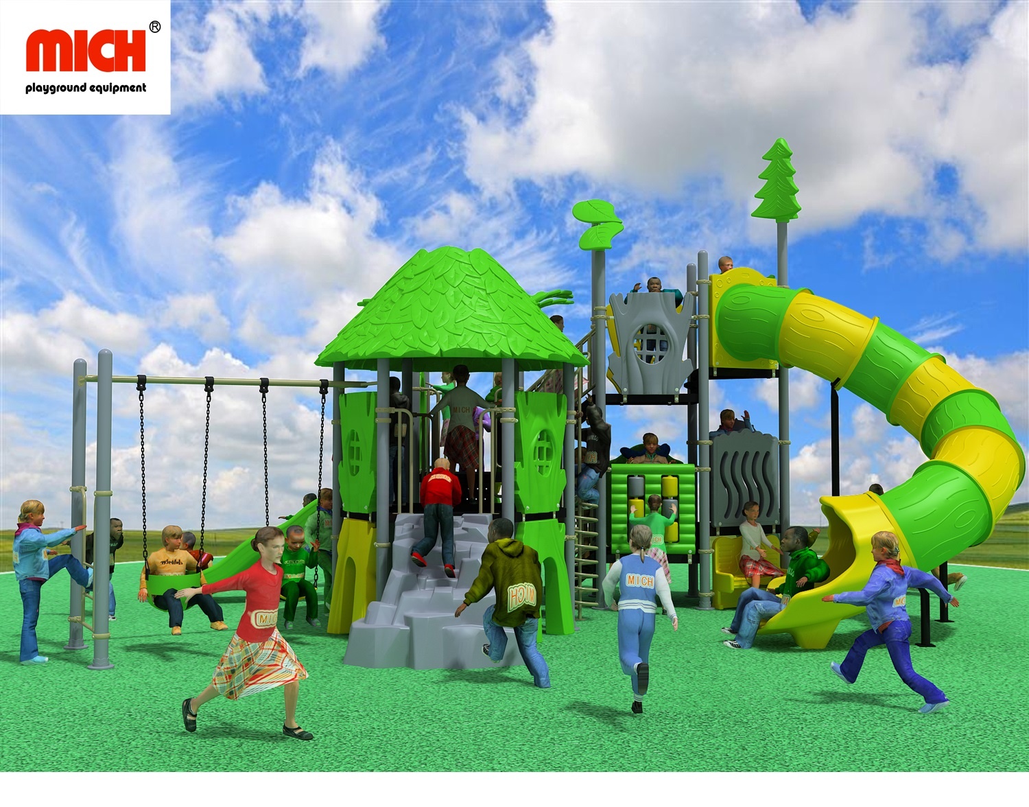 Mich Medium Size Children Outdoor Double Seats Swings Playground with Spiral Slides, Curve Slides
