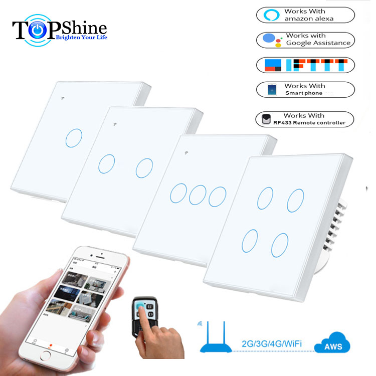 Topshine с поддержкой alexa ЕС Великобритания 1 2 3 4 gang связанная стеклянная панель rf Wi-Fi пульт дистанционного управления Сенсорный выключатель питания