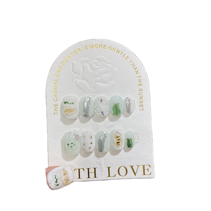 [ Handmade Nails ] Spring and Summer Small Fresh Hand-painted Solid Color Cabbage Short Square Round Fake Nails