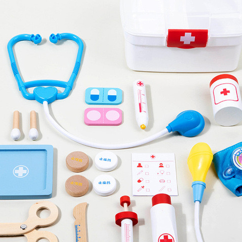 Doctor Game Toys Set Gift Pack Wooden with Plastic Unisex Wood Makeup Sets Kids Wooden Pretend Play Toys 21*13*12cm