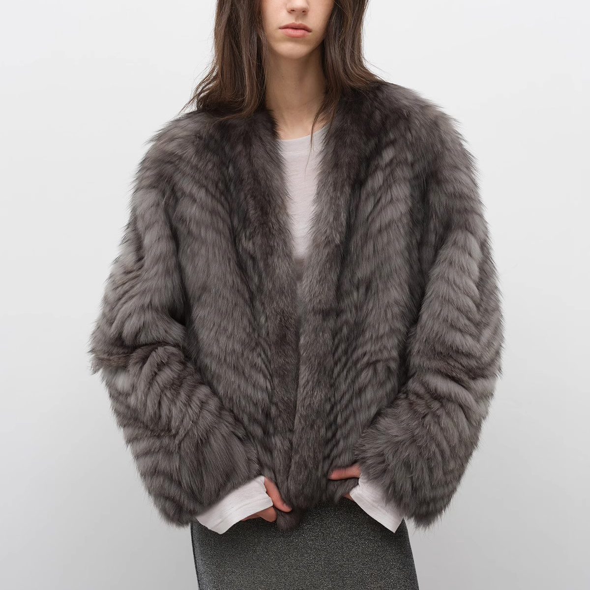 Handmade Women's Coat With Fluffy Fox Fur Stripes Pure Loose Craft For Cars V-Shaped Whole Fox V Crafted Coats