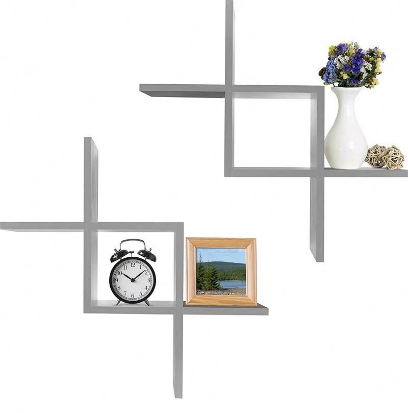 Grey Color Cross Intersecting Wall Mounted Floating Shelves Set of 2