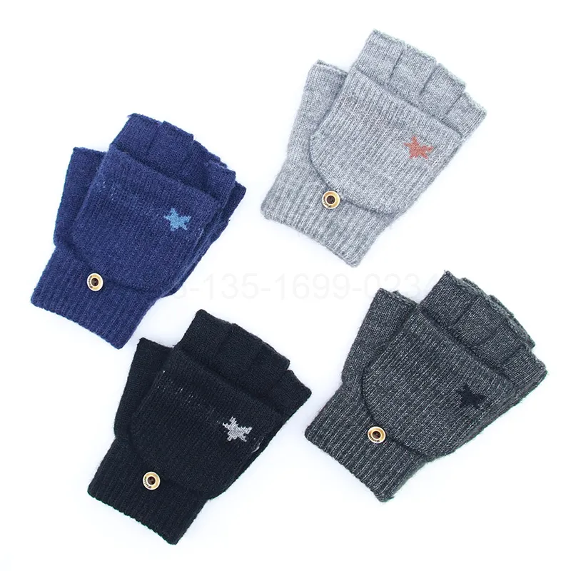 Custom Winter Unisex Thick Open Half Finger Gloves Outdoor Knitting Knit Warm Alpaca Wool Fingerless Flip Jacquard Mittens