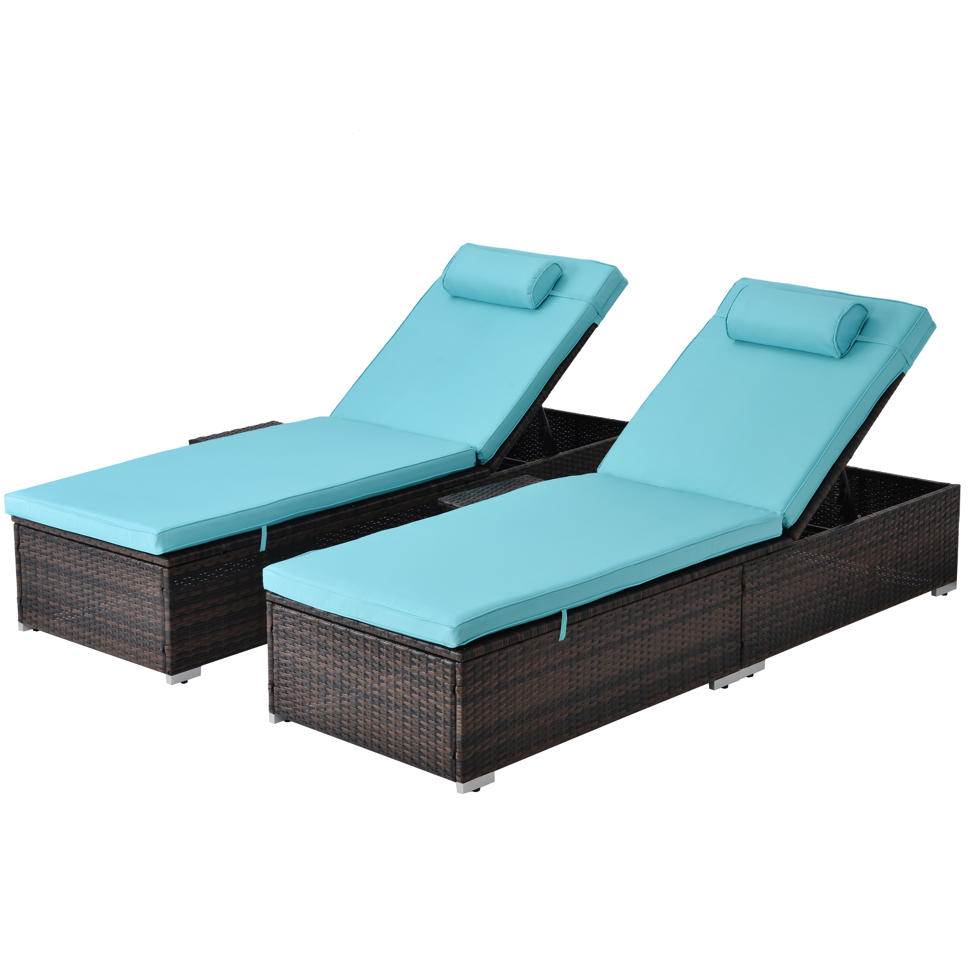 2 Piece Patio Brown Rattan Reclining Chair Furniture Set Beach Pool Adjustable Backrest Outdoor PE Wicker Chaise Lounge