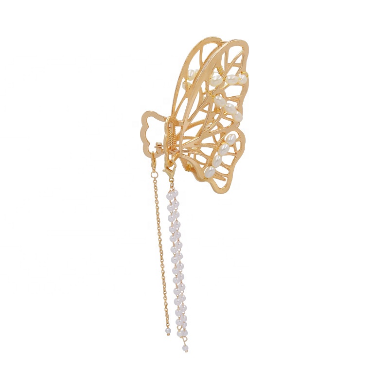 INS Butterfly Grasps Clip Tassel Pendant Female Large Pearl Back Head Hair Shark Clip Metal Hair Claw
