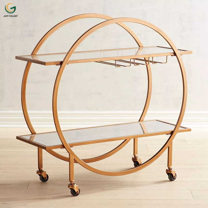Luxury Kitchen Furniture Brass Bar Carts Drinks Tea Trolleys With Wine Rack