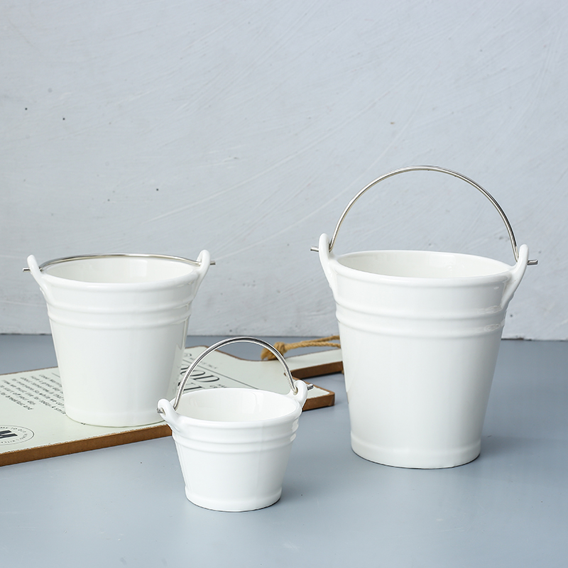 White porcelain tableware Presentation Bucket w.stainless steel handle French Fry mixing bowl food vitrified dinnerware