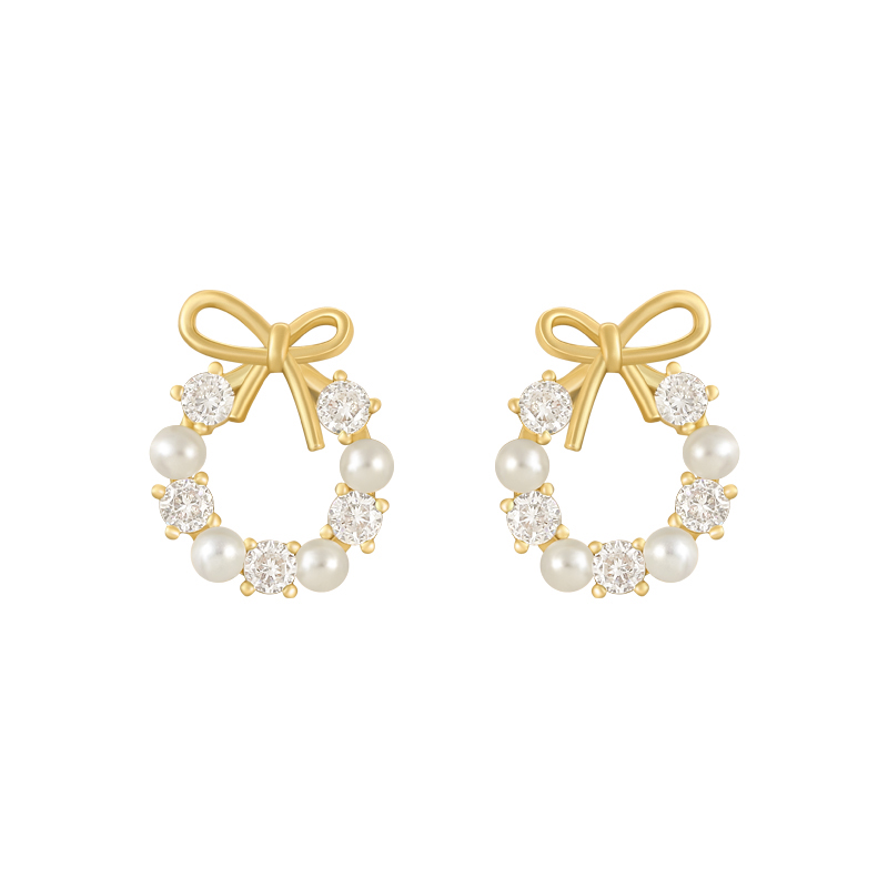 ED63032 Korean fashion funky gold plated zircon women jewelry bowknot round stud earring