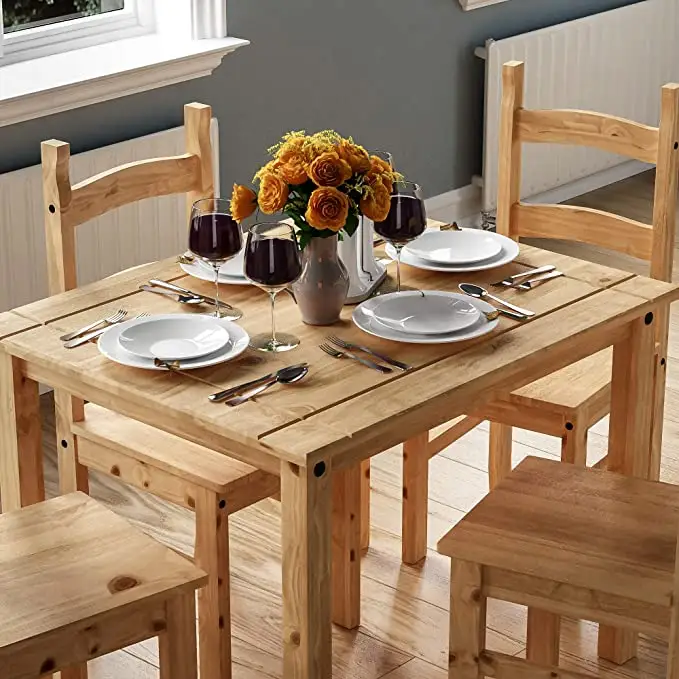 Dining Set 4 Seater Solid Pine Wood Dining Table With 4 Chairs