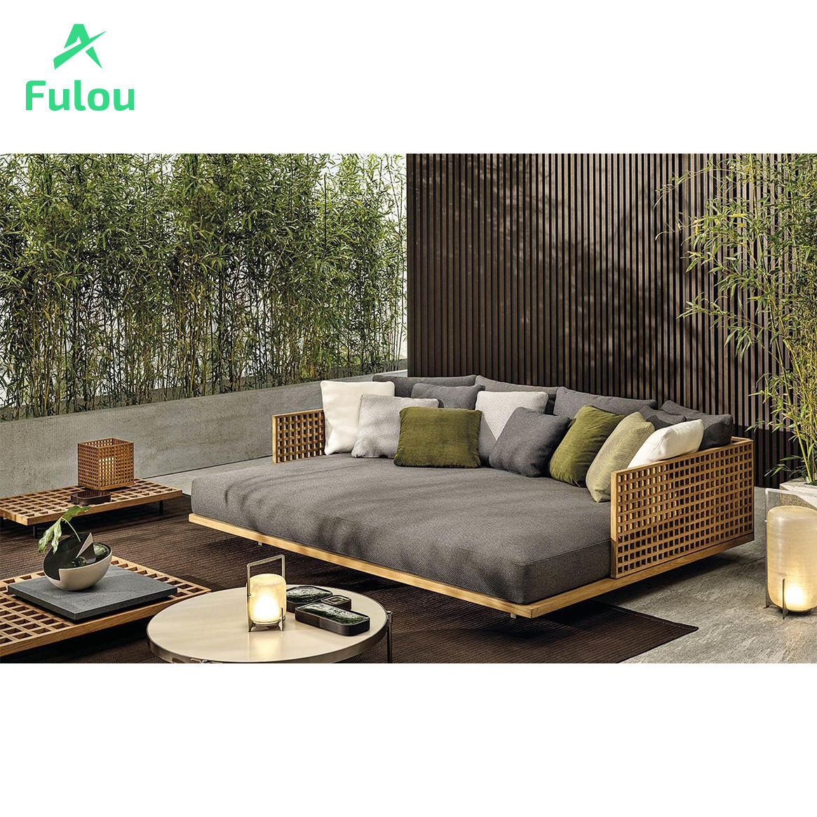 Luxury Waterproof Outdoor Solid Teak Rattan Double Daybed Garden Sofa Garden Furniture Set for Patio Hotels Gardens