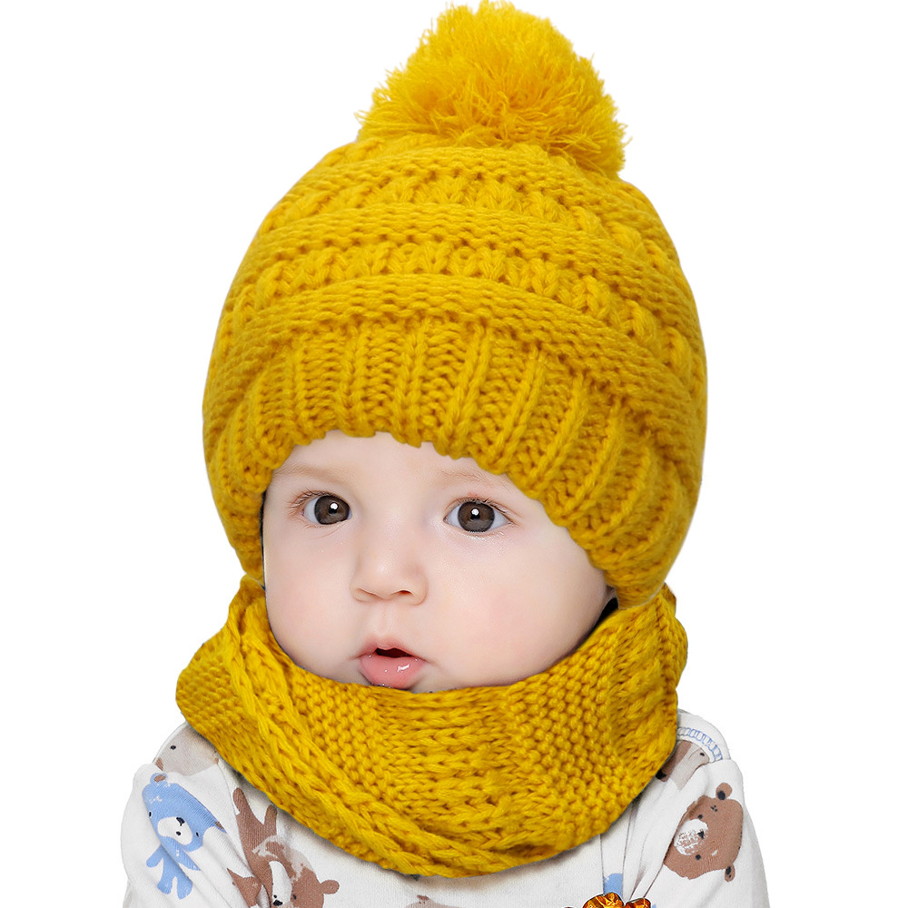 2021 New Solid Color baby wool hats Warm Plush thickened Baby Winter hat and scarf set