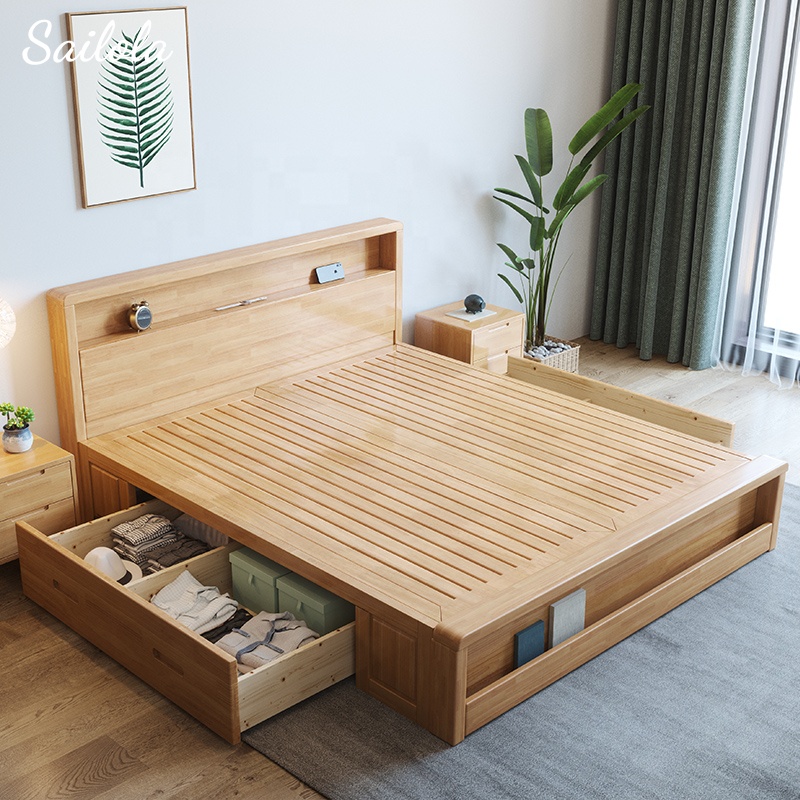 Saving Space Wooden Bed Frame Cozy Double Bed Design Practical Double Bed With Storage