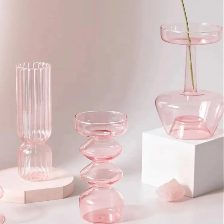 wholesale pink transparent colored small clear glass flower vase