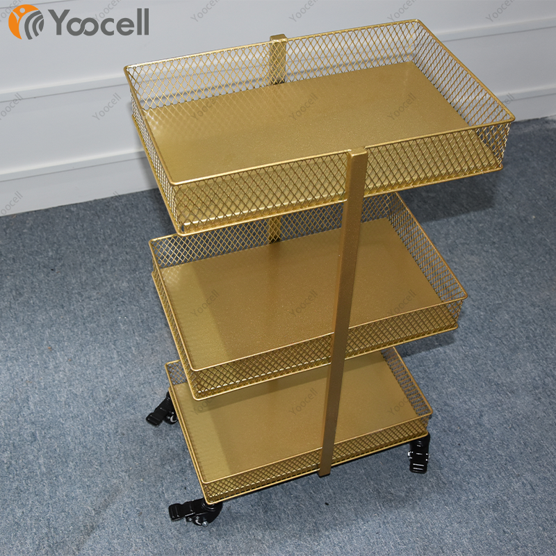 Yoocell hot sale three layer gold metal beauty stylist salon tray trolley rolling cart in salon furniture