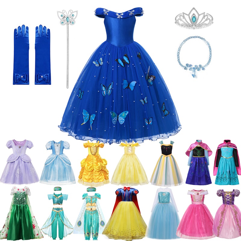 2021 Elsa Anna Belle Sophia Jasmine Aurora Snow White Fancy Halloween Party Costume Dress Girls Cinderella Princess Dress