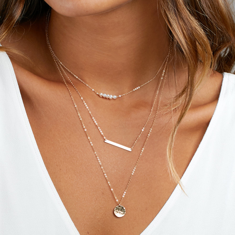 3 Layers Fashion Stainless Steel Jewelry Sets Long Stick Fresh water Pearl Clavicle Chain Pendants Necklace For Women