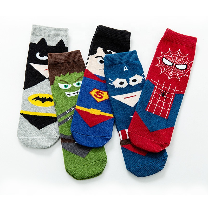 Wholesale custom 1-10 year old boys cotton socks cartoon hero sweat-absorbent cute baby socks