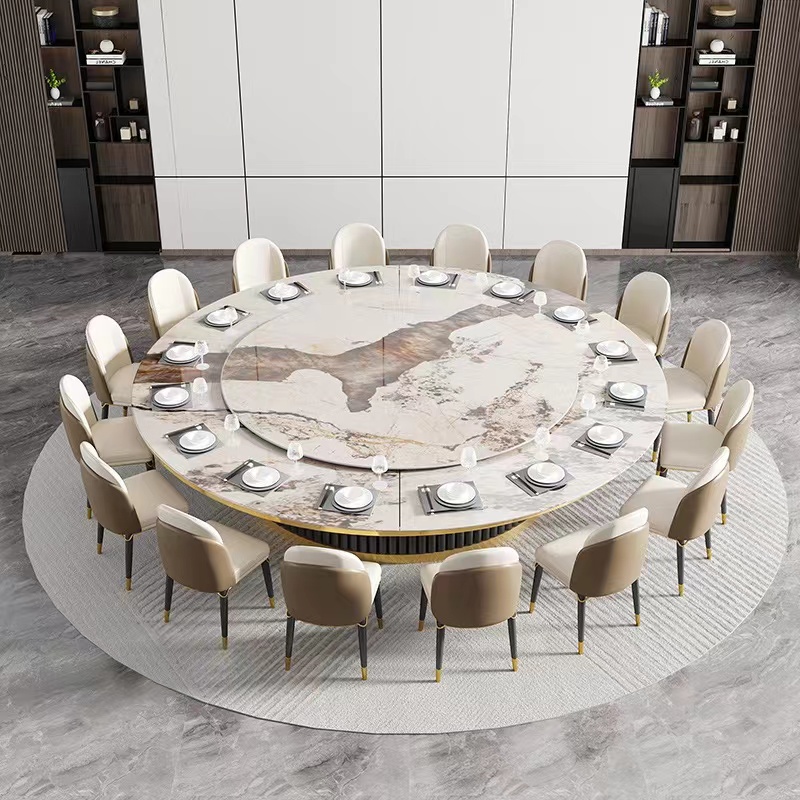 Light luxury round marble top dining table 12-person villa hotel restaurant tables electric round table with turntable
