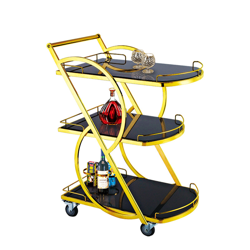 Royal Drinks Gold Titanium Portable Trolley Cart Bar Luxury Hotel Restaurant Big Wheel Wine Dessert Serving Trolley JT1020