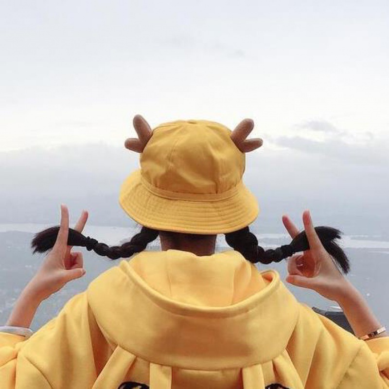Cute Fashion Children Kids Yellow Corduroy Bucket Hat With Horns Dome Fisherman Hat