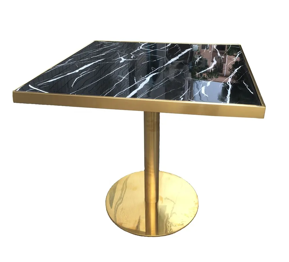 Popular Design Brass Shinny Gold Stainless Steel Base Black Marble Top Restaurant Bistro Square Dining Table Furniture