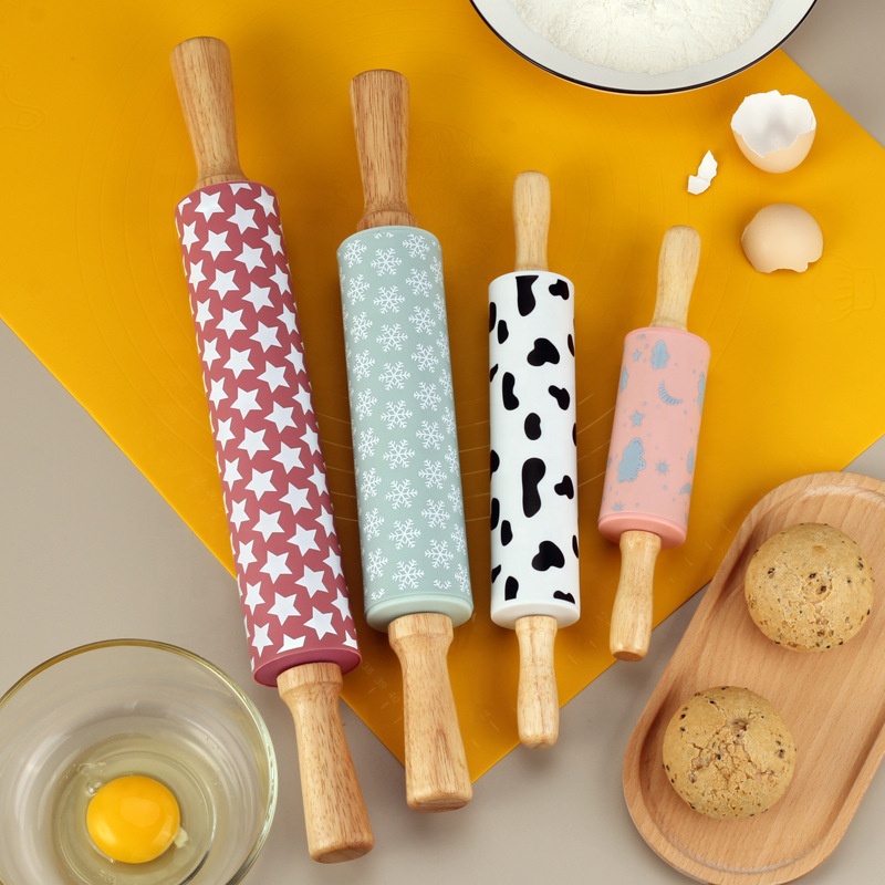 Silicone Rolling Pin With Wood Handle Roller Type Silicone printing Kitchen Printing Dumpling Skin Flour Stick