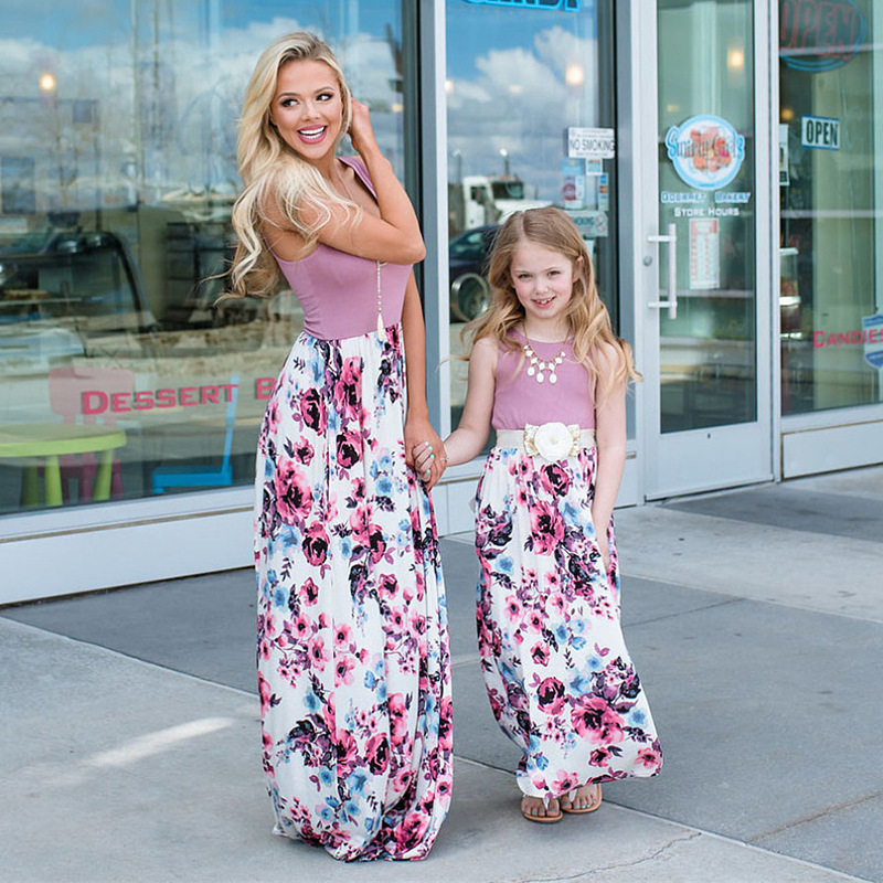 Floral Long Dress Cute Mommy And Me Birthday Baby Daughter Matching Clothes Onesie Outfits