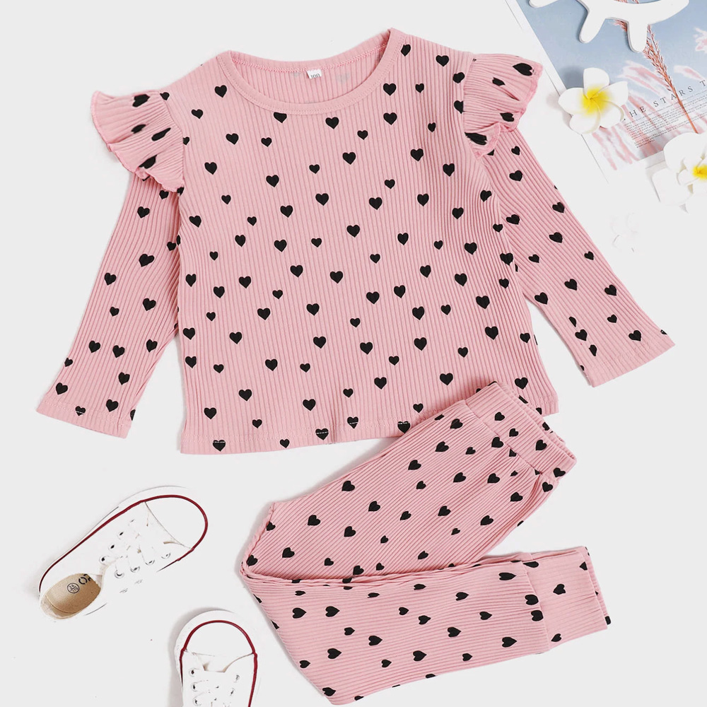 Spring Set Printed Leggings Long Sleeve Ruffle Top Adorable Kids Valentine Pajamas
