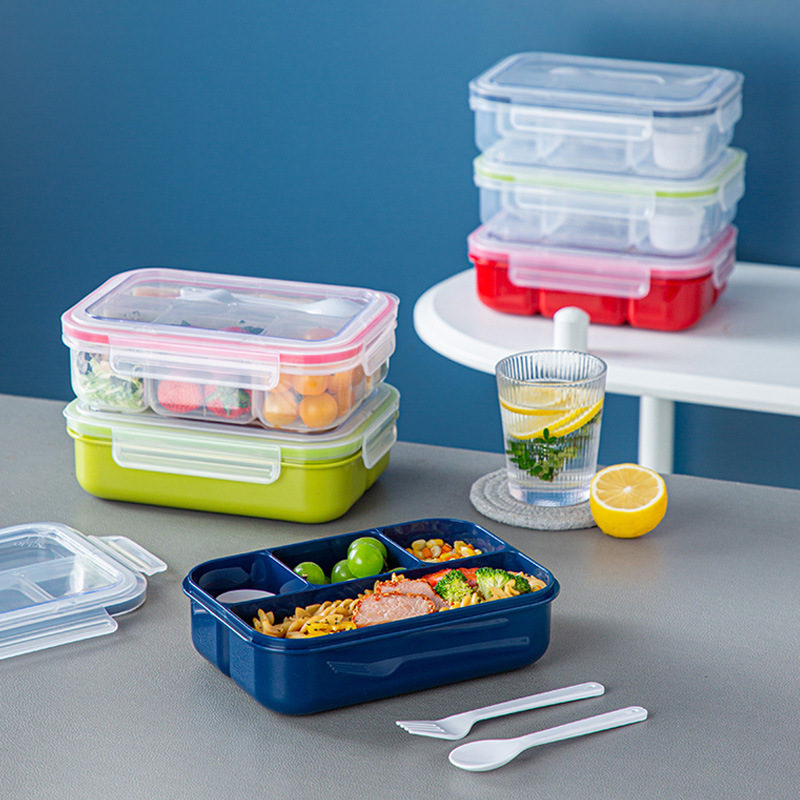 1300ml 4 compartment microwavable food pp transparent bento lunch box set with sauce containers for office