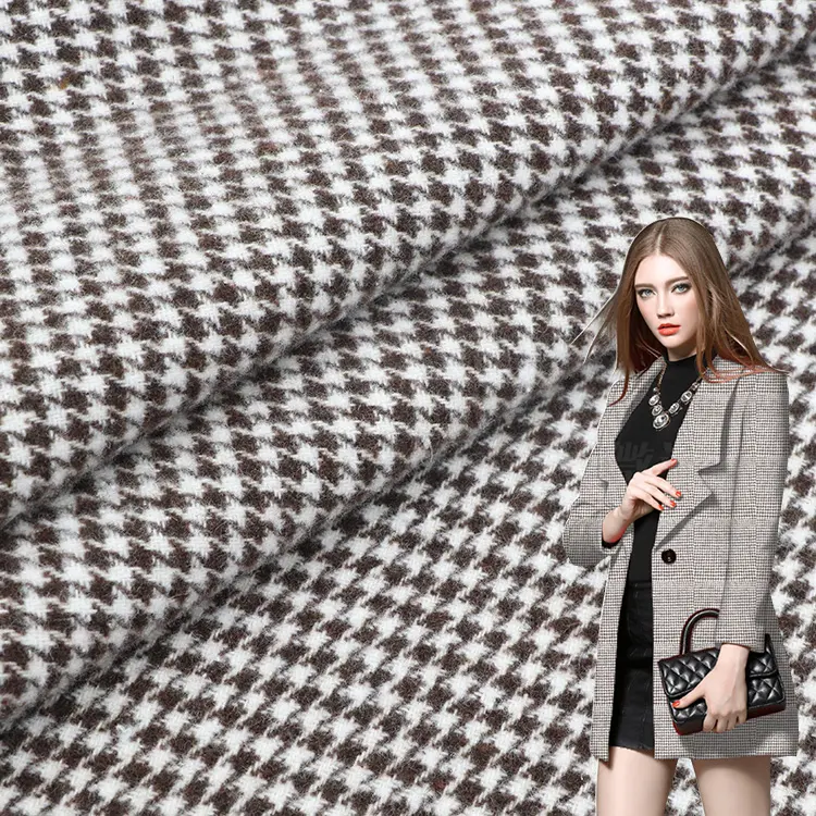 High qulity thick Houndstooth design polyester spandex woolen woven tweed fabric for overcoat