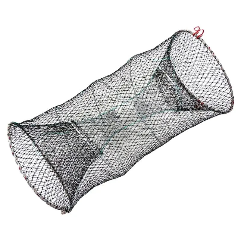 Fish Cage Lobster Crab Trap Fishing Net Nylon Mesh Crab Cage Foldable Open Type Spring Black Woven Bag Cylinder 10 Pcs 9ply