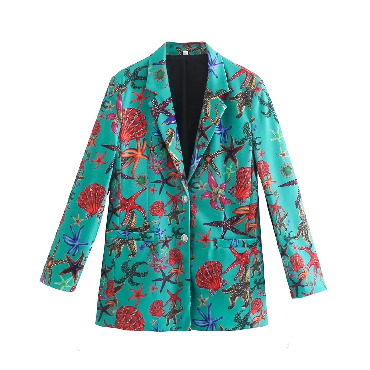 KAOPU ZA Women front patch pockets marine bio-prints fitted blazer vintage long sleeve female outerwear chic veste femme