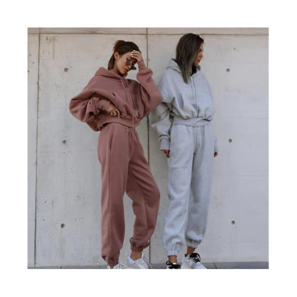European And American Autumn Casual Sports Suit Plain Plus Size Two Pieces Sets Hoodies For Women
