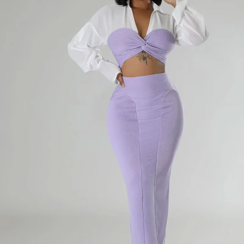 Sharee 2024 New Arrival Leisure Skirts Set Comfortable Long Sleeve Crop Top 2 Piece Set Women