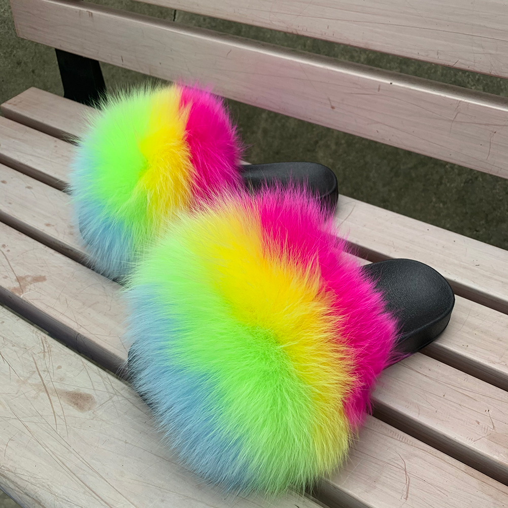 Summer Fashion Female Real Fox Fluffy Slippers Plush Soft Open Toe Cute Sandals Fury Racoon Custom Fur Slides For Women