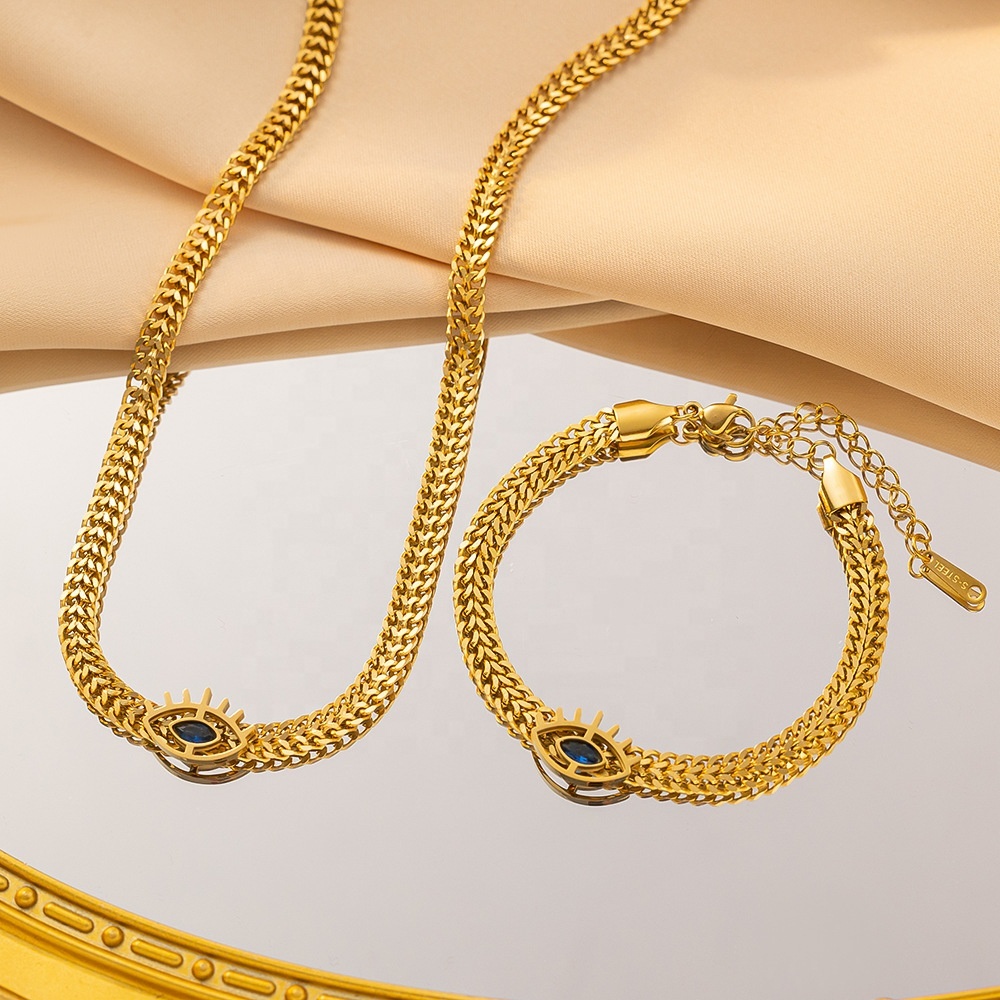 European and American new titanium steel non-fading blue devil's eye fashion woven chain necklace fashion jewelry set wholesale