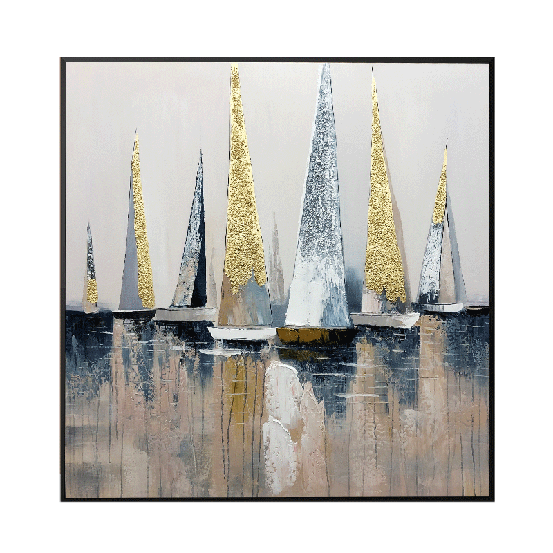 100% Hand painted Abstract Modern Oil Painting on Canvas Grey Blue Gold Foil Artwork Wall Art for Home Hotel 16*16 inch