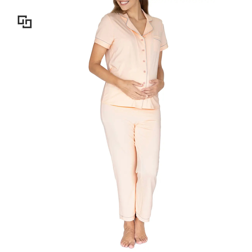 High Quality Peach Long Pregnancy Pajamas Clothes Cotton Rayon Soft Cozy Maternity Nursing Pajamas Set With Customized Logo