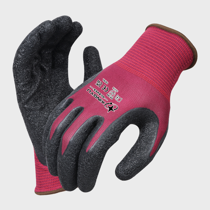 XINGYU Garden Personal Protective Equipment 13G Polyester Latex Crinkle Coated Hand Gloves Rubber  Red Work Safety Latex Gloves