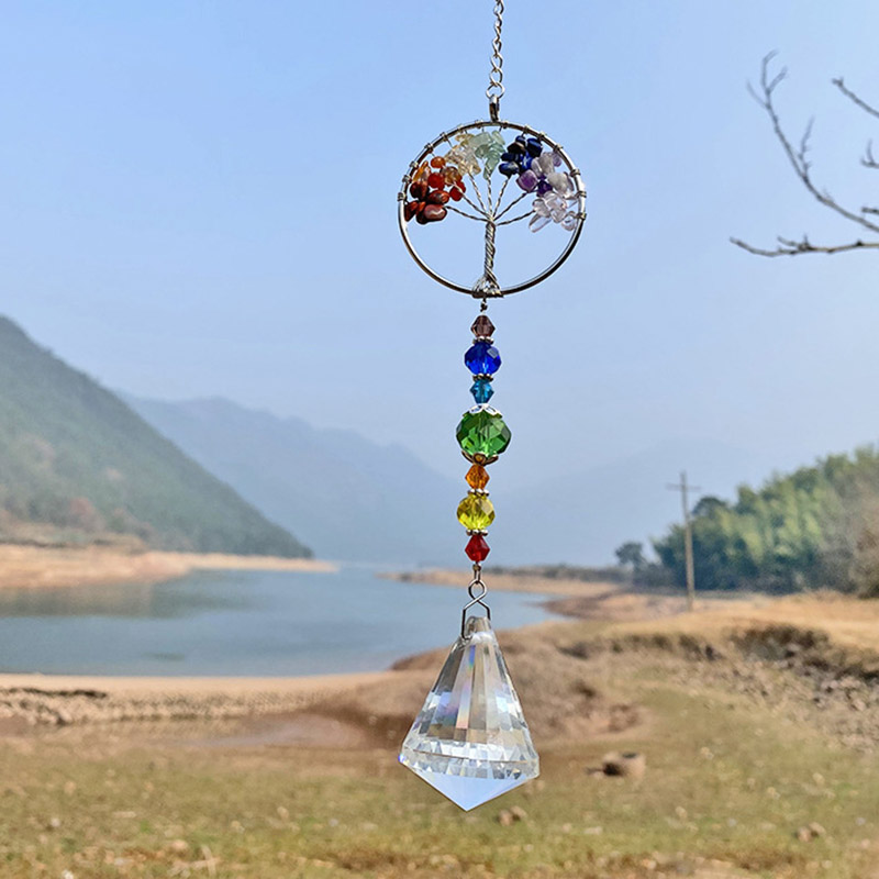 Tree Of Life Crystal Ball Window Hanging Pendant Rainbow Chandelier Decor 7 Chakra Hanging Prism Ornaments for Garden