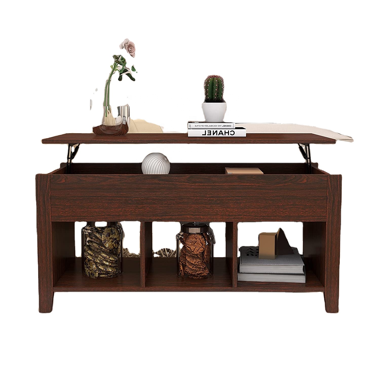 Lift Top Coffee Table Hidden Storage Compartment and 3 Lower Open Shelves, Pop Up Coffee Desk Living Room