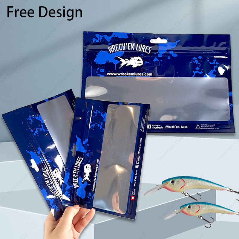 Custom Printed Fishing Lure Laminated Zipper Fish Bait Vide Three Sides Sealed Small Soft Plastic Fishing Bait Bag