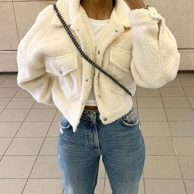 Hot Sale Fashion Lamb Wool Autumn Winter Women Coat Fleece Shaggy Warm Cropped Jackets Overcoat Single Breasted Outwear