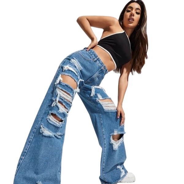 Factory Wholesale Custom Ladies Plus Size Loose Denim Pants High Waist Trousers Ripped Women Jeans