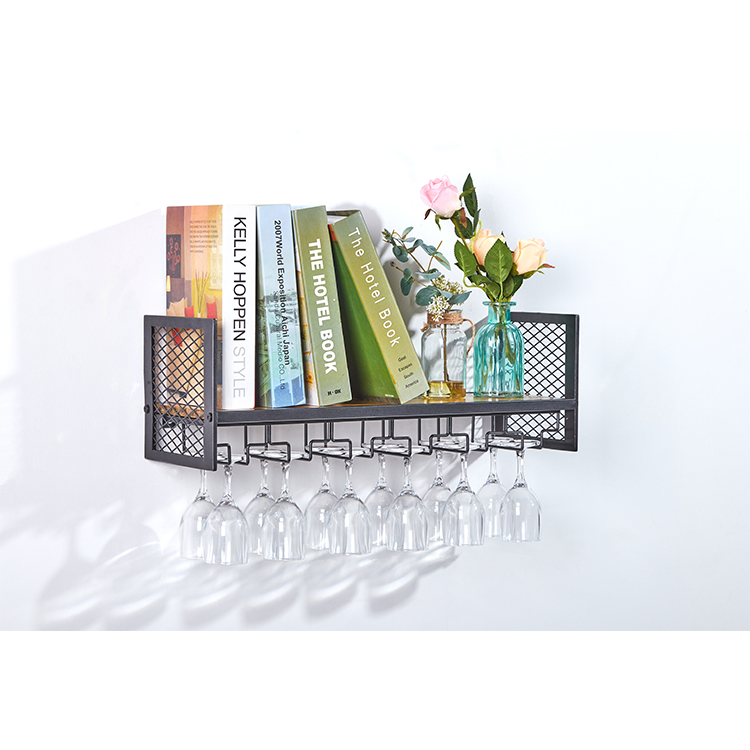 Wholesale High Quality Rustic Black wood and Metal Wall Mounted Wine Glass Bottle Wine Rack