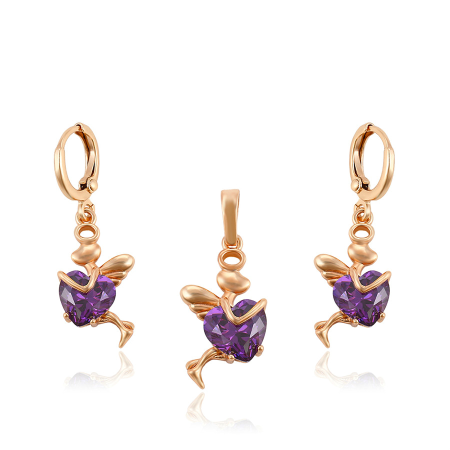 64069 Xuping Jewelry Cute Elf Portable Crystal Rose Gold Fashion New Eco-friendly Copper Pendant Earring Set