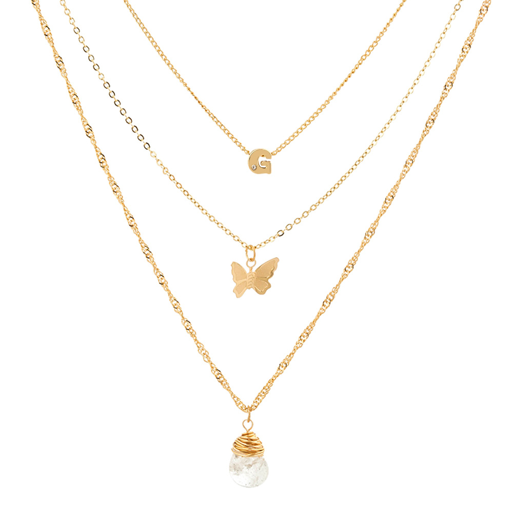 Fashion Transparent Natural Stone Pendant 14K Gold Necklace Ins Butterfly Multi Layered Water-wave Chain Necklace