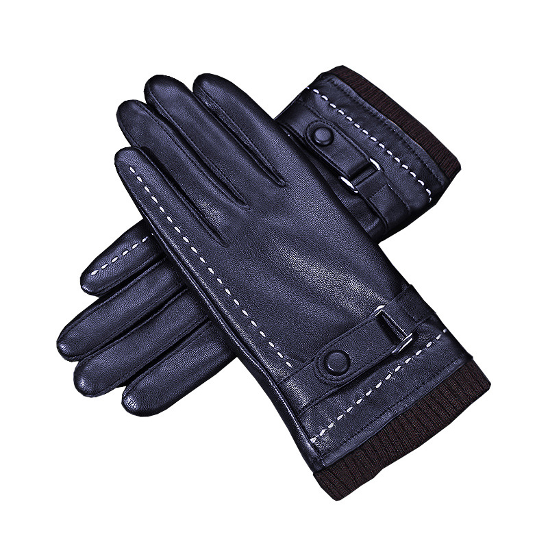 Fashion Women PU Leather Gloves White Stitching Belt Buckle Design Velvet Lining Palm Warmer Outdoor Cycling Leather Gloves